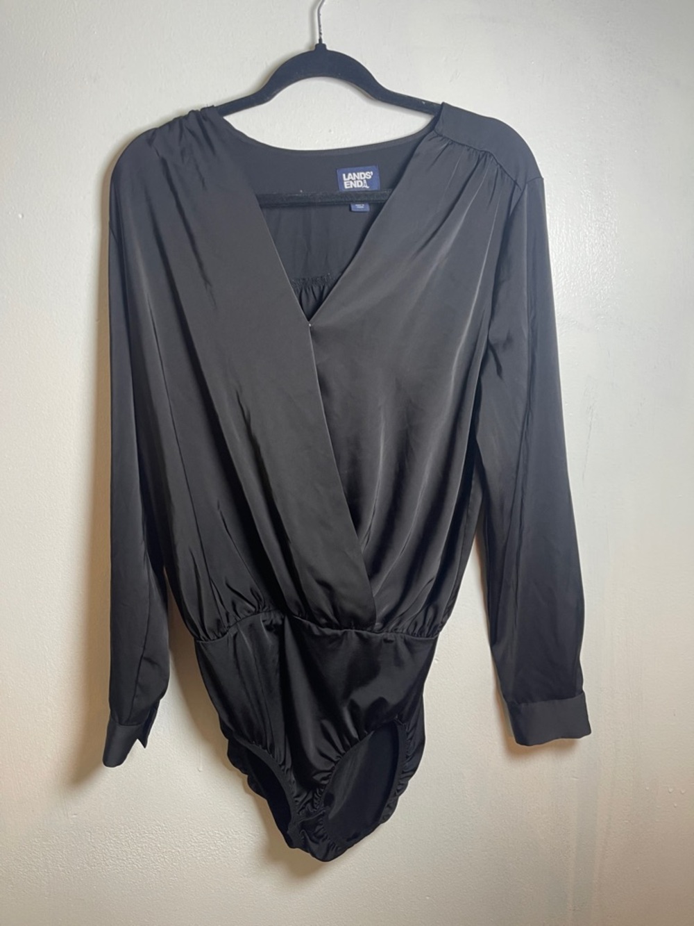 Lands' End Black Satin Surplice Bodysuit Top Size: 12